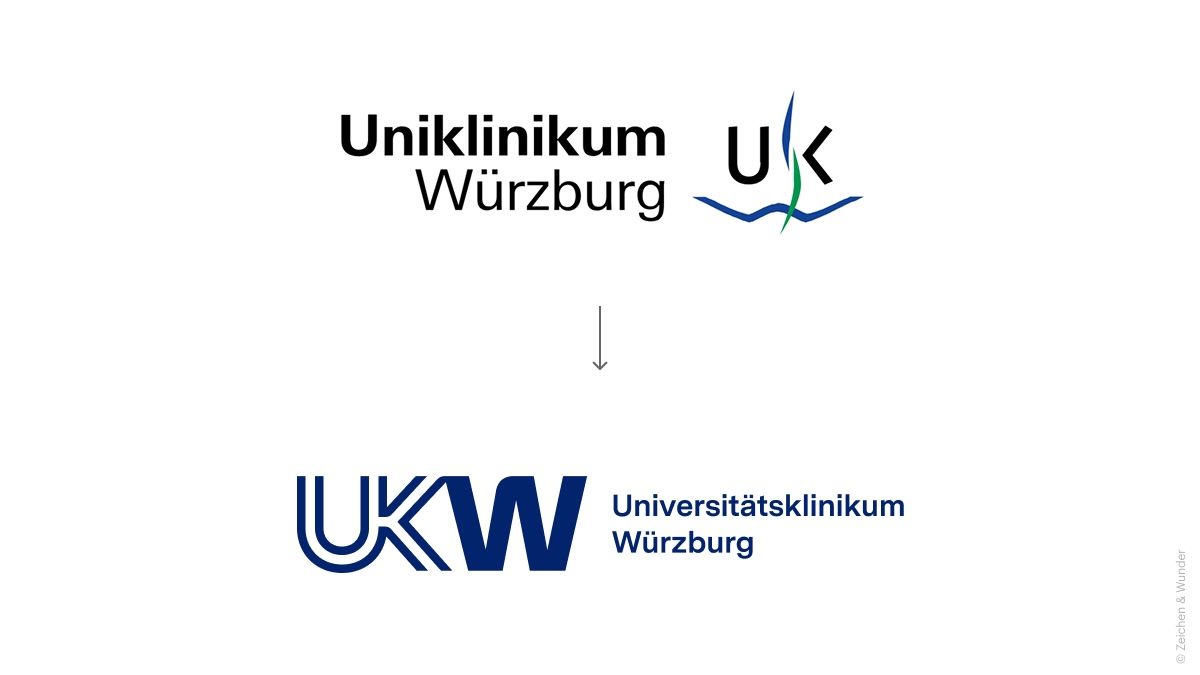 Das alte und nee Logo des Universitätsklinikum Würzburg: oben schwarz-blau-grün mit Wellenlinien, unten mit neuer Typografie bei der das U und K liniert sind und ineinanderübergehen