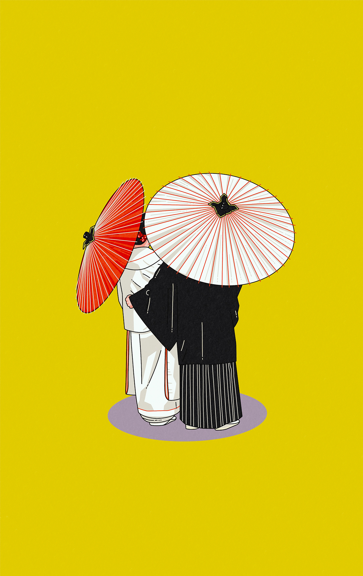 Minimalistische Illustration eines Brautpaares in traditioneller japanischer Hochzeitskleidung, von hinten gesehen, vor kräftig gelbem Hintergrund. Die Braut trägt einen weißen Kimono und einen roten Papierschirm, der Bräutigam ein schwarzes Haori mit gestreiftem Hakama und einen weiß-roten Schirm. Beide stehen auf einer ovalen, fliederfarbenen Fläche.