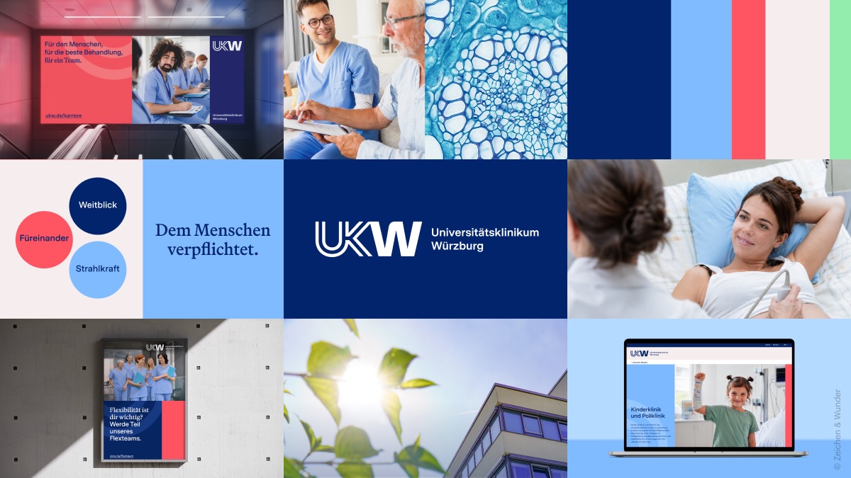 Neues Erscheinungsbild des Universitätsklinikum Würzburg, Designelemente in Bilder nebeneinander dargestellt von neuem Logo zu Bildwelten aus der Klinik, neuen Farben
