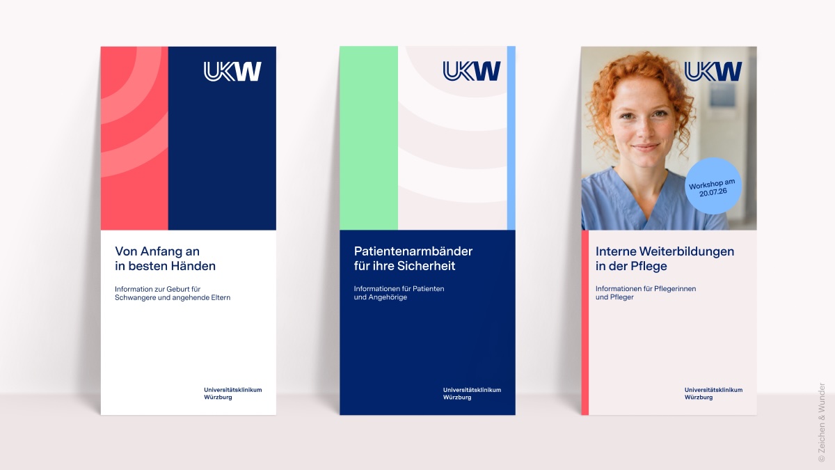Neues Erscheinungsbild des Universitätsklinikum Würzburg: drei Broschüren in sattem Blau mit Weißraum und Typotiteln, auf einem Foto von rothaariger Frau aus dem Pflegepersonal
