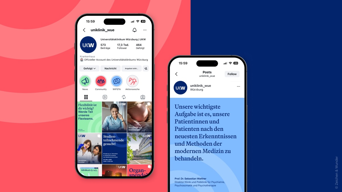 Neues Erscheinungsbild des Universitätsklinikum Würzburg: Instagram und Website auf Smartphone