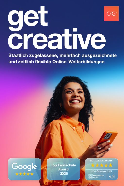OfG get creative Visual mit einer jungen Frau, die ein Smartphone in der Hand hält