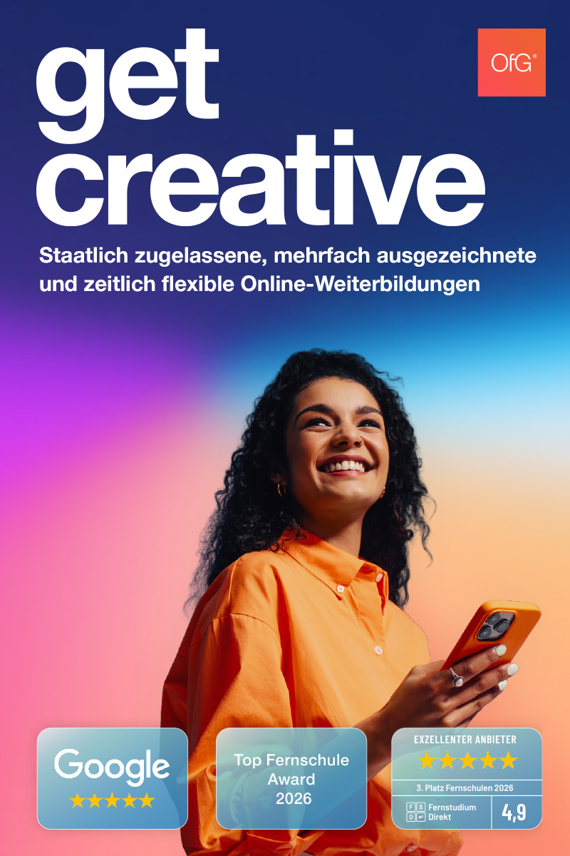 OfG get creative Visual mit einer jungen Frau, die ein Smartphone in der Hand hält