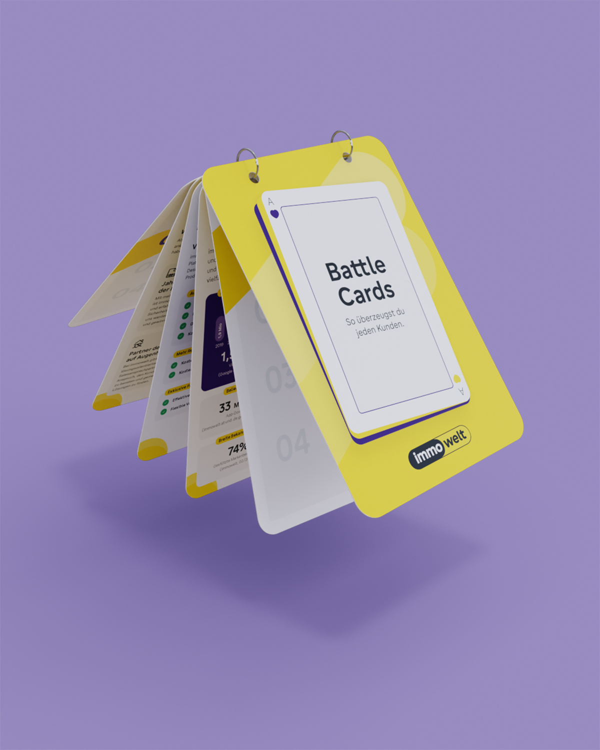 Gelb-pinkes Produktdesign für »Battle Cards« von ImmoWelt. Die Verpackung zeigt ein spielerisches Interface mit Kundenüberzeugungs-Motiven und enthält mehrere Kartenseiten, die fächerartig auseinandergeklappt sind.