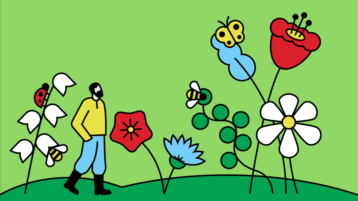 Flache Illustration einer Person, die durch eine Wiese mit stilisierten Blumen, einer Biene, einem Schmetterling und einem Marienkäfer spaziert, vor grünem Hintergrund.