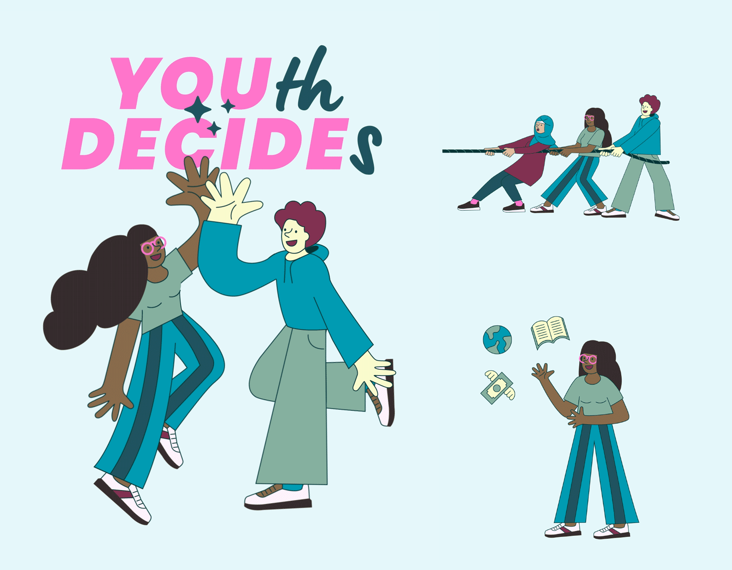 Flache Illustration mit dem Schriftzug »YOUth DECIDEs« in Pink und Dunkelblau, darunter zwei sich abklatschende Jugendliche. Rechts daneben ein Tauziehen dreier Figuren sowie eine Figur, umgeben von Symbolen für Globus, Buch und Geld, vor hellblauem Hintergrund.