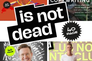 Collage aus vier Beiträgen der PAGE-Jubiläumskampagne „… is not dead“ zum 40-jährigen Bestehen. Im Zentrum steht der schwarz-weiße Schriftzug „is not dead“. Drumherum zeigen die Motive unterschiedliche Kreativschaffende und kreative Ausdrucksformen: eine farbenfrohe digitale Illustration mit handschriftlichen Begriffen rund um Design und Kreativität, ein Porträt einer Copywriterin mit dem Statement „Copywriting … is not dead“, ein lächelnder Kreativer vor einer mit Skizzen und Begriffen beschrifteten Tafel sowie eine Frau mit Laptop vor einer typografischen Wand mit dem Schriftzug „No Pants Club“. Mehrere Motive tragen das „40 PAGE“-Jubiläumslogo und verdeutlichen die Vielfalt kreativer Disziplinen unter dem gemeinsamen Kampagnenmotto.
