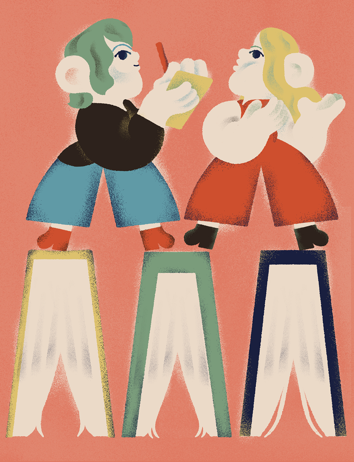 Lachsfarbene Illustration zweier Figuren mit grünen und blonden Haaren auf hohen, spitz zulaufenden Beinen, die gemeinsam ein Buch oder eine Tafel betrachten.