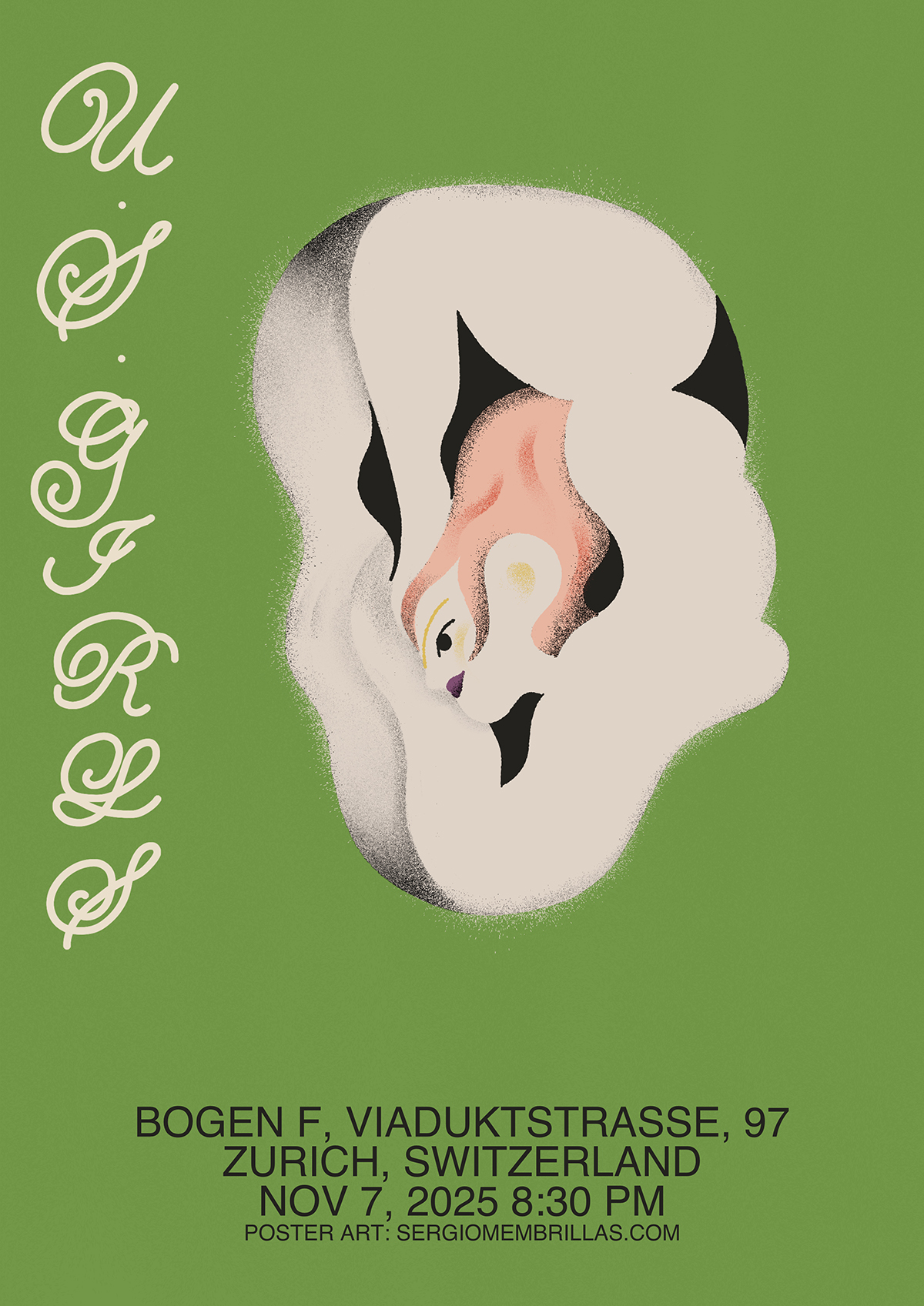 Grünes Konzertplakat mit ohrenartiger, geschwungener weißer Form, in der sich das Gesicht einer Figur mit rotblondem Haar verbirgt, seitlich der Schriftzug »U.S. GIRLS« sowie Veranstaltungsdetails zu Zürich.