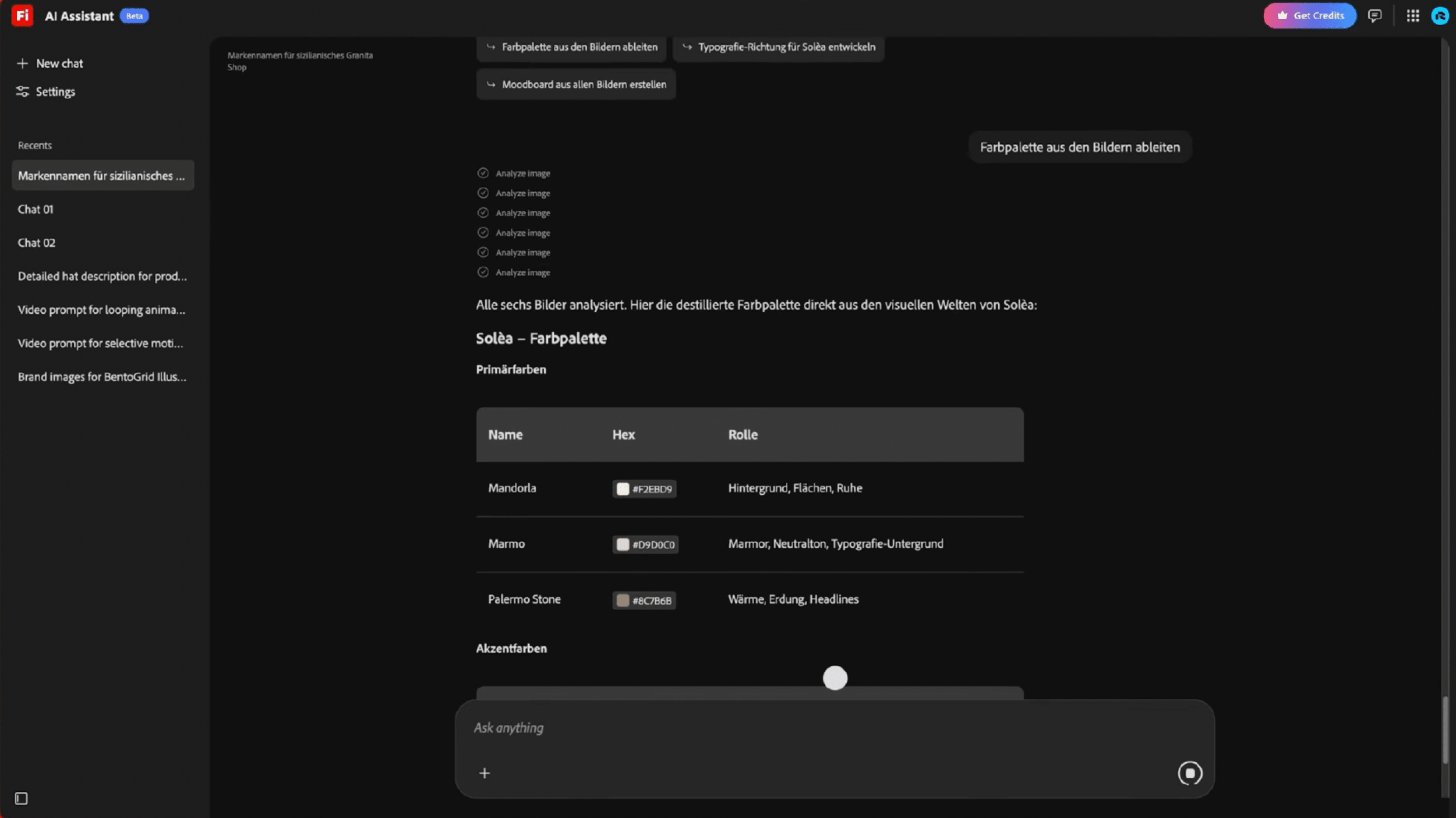Screenshot eines KI-Assistenten, der aus mehreren Bildern eine Farbpalette für die Marke „Soléa“ ableitet und Primärfarben mit Hex-Codes und Anwendungsbereichen darstellt.