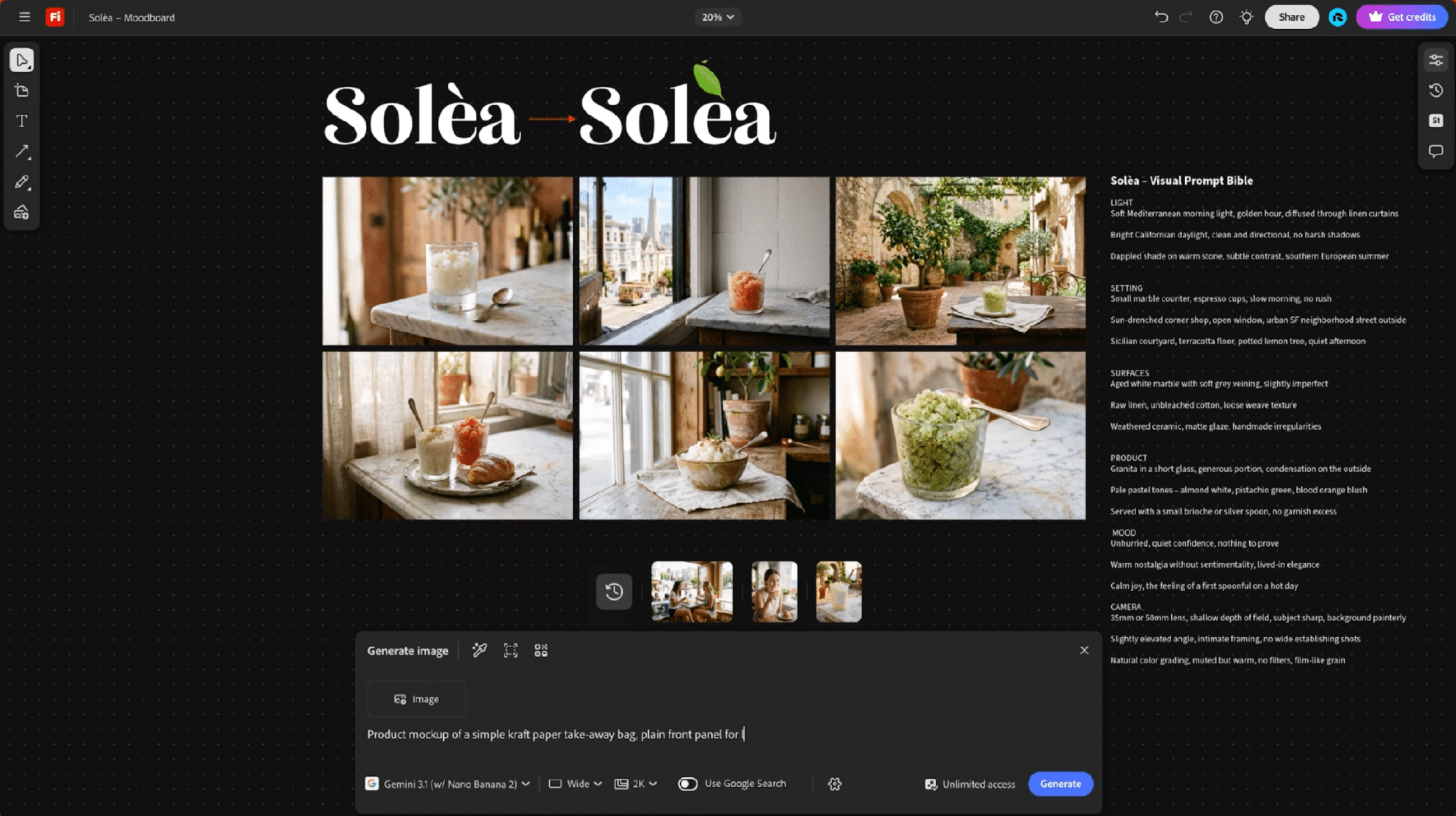 Screenshot eines digitalen Moodboards für die Marke „Soléa“ mit Logoentwicklung, mediterran inszenierten Produktbildern und einem „Visual Prompt Bible“ für die KI-gestützte Bildgenerierung.