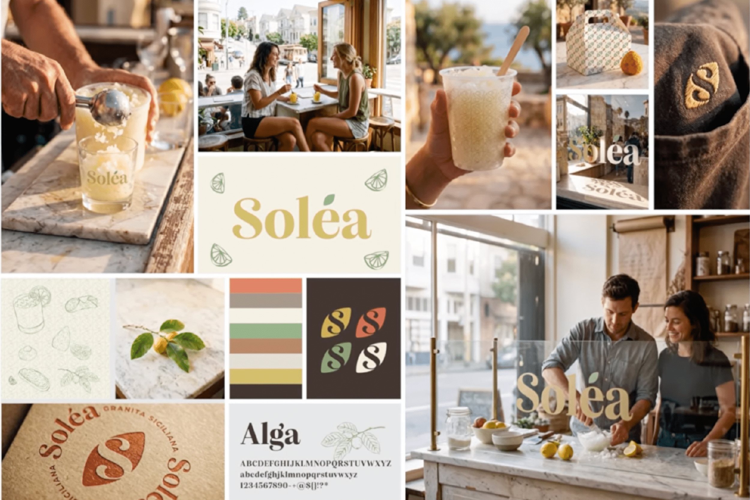 Marken-Moodboard für „Soléa“ mit Granita, mediterranen Café-Szenen, Logo- und Verpackungsanwendungen, Farbpalette, Typografie und grafischen Markenelementen.