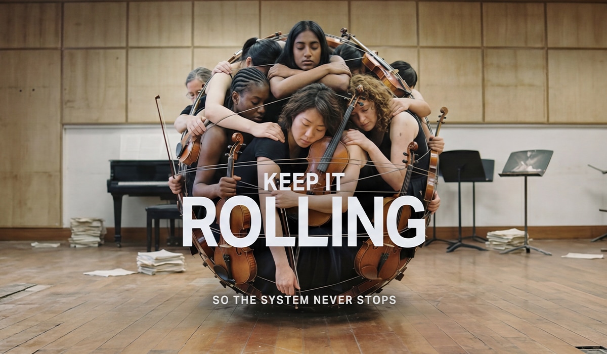 Eine Gruppe junger Musiker:innen mit Geigen und Bratschen ist in einem Proberaum eng ineinander verschlungen und bildet eine kugelförmige Komposition. Im Vordergrund steht der Schriftzug „KEEP IT ROLLING“, darunter „SO THE SYSTEM NEVER STOPS“.