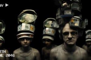Düstere, dystopische Szene mit mehreren Menschen, die futuristische, aus technischen Geräten zusammengesetzte Kopfkonstruktionen tragen. Ihre Gesichter wirken ausdruckslos, der Hintergrund ist schwarz. Pixelartige weiße Schrift zeigt „PLAY“ und „EARTH JUNE 2046“ und erinnert an eine alte Videoaufnahme.