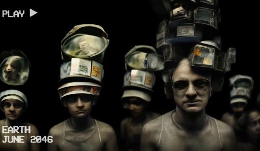 Düstere, dystopische Szene mit mehreren Menschen, die futuristische, aus technischen Geräten zusammengesetzte Kopfkonstruktionen tragen. Ihre Gesichter wirken ausdruckslos, der Hintergrund ist schwarz. Pixelartige weiße Schrift zeigt „PLAY“ und „EARTH JUNE 2046“ und erinnert an eine alte Videoaufnahme.