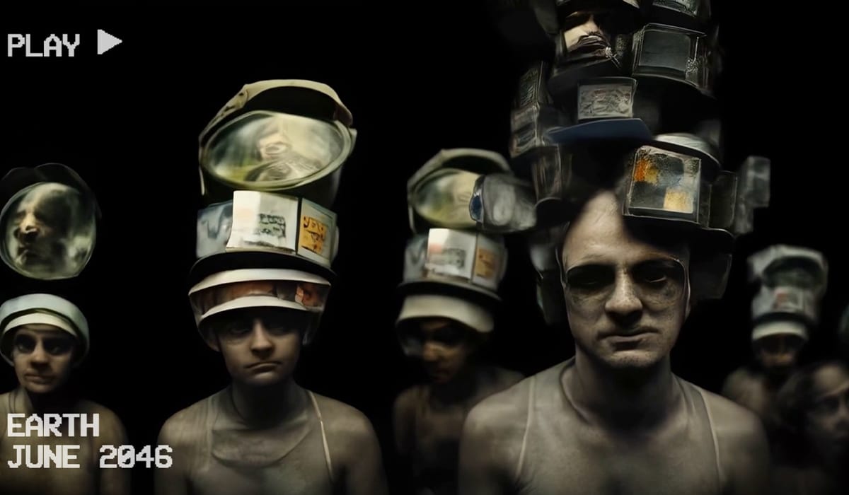 Düstere, dystopische Szene mit mehreren Menschen, die futuristische, aus technischen Geräten zusammengesetzte Kopfkonstruktionen tragen. Ihre Gesichter wirken ausdruckslos, der Hintergrund ist schwarz. Pixelartige weiße Schrift zeigt „PLAY“ und „EARTH JUNE 2046“ und erinnert an eine alte Videoaufnahme.