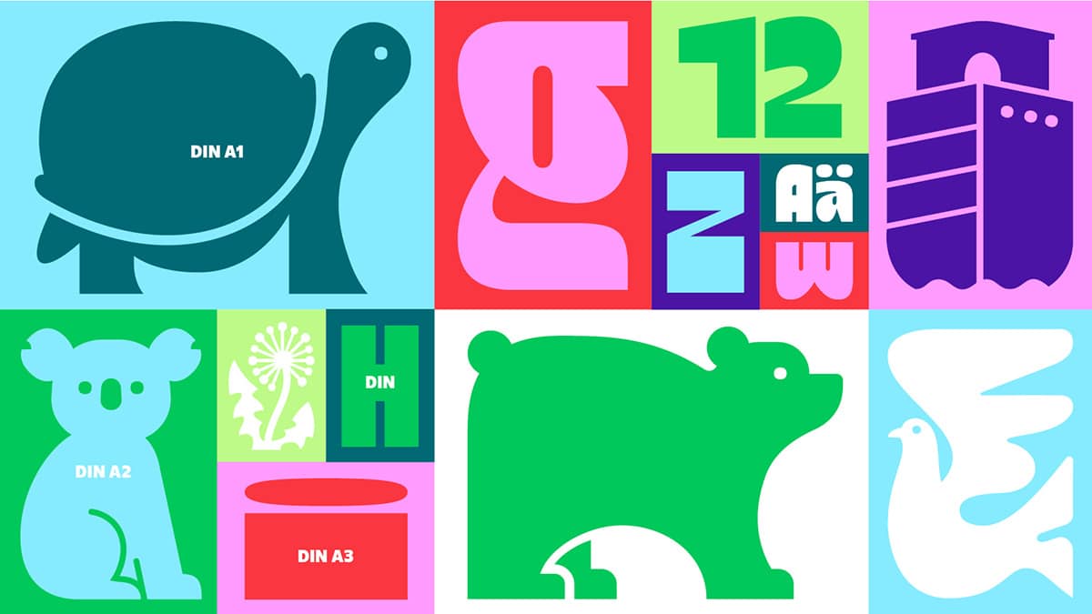 Farbflächen-Collage aus dem Katholino-Design: flächige Tierfiguren wie Schildkröte, Koala, Bär und Taube, eine Pusteblume, ein Gebäude sowie einzelne Buchstaben und Ziffern mit Formatangaben wie »DIN A1«.
