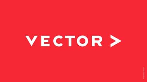 knallroter Hintergrund, darauf Vector-Logo in Weiß, klare Schrift und angedeuteter Pfeil, der nach rechts zeigt dahinter