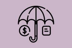 Icon für Versicherungen mit Regenschirm und Geldzeichen auf einfarbigem Hintergrund