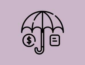 Icon für Versicherungen mit Regenschirm und Geldzeichen auf einfarbigem Hintergrund