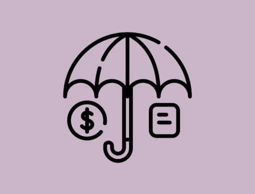 Icon für Versicherungen mit Regenschirm und Geldzeichen auf einfarbigem Hintergrund