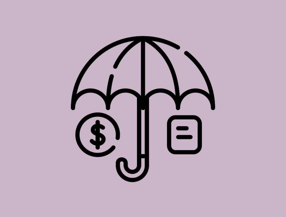 Icon für Versicherungen mit Regenschirm und Geldzeichen auf einfarbigem Hintergrund